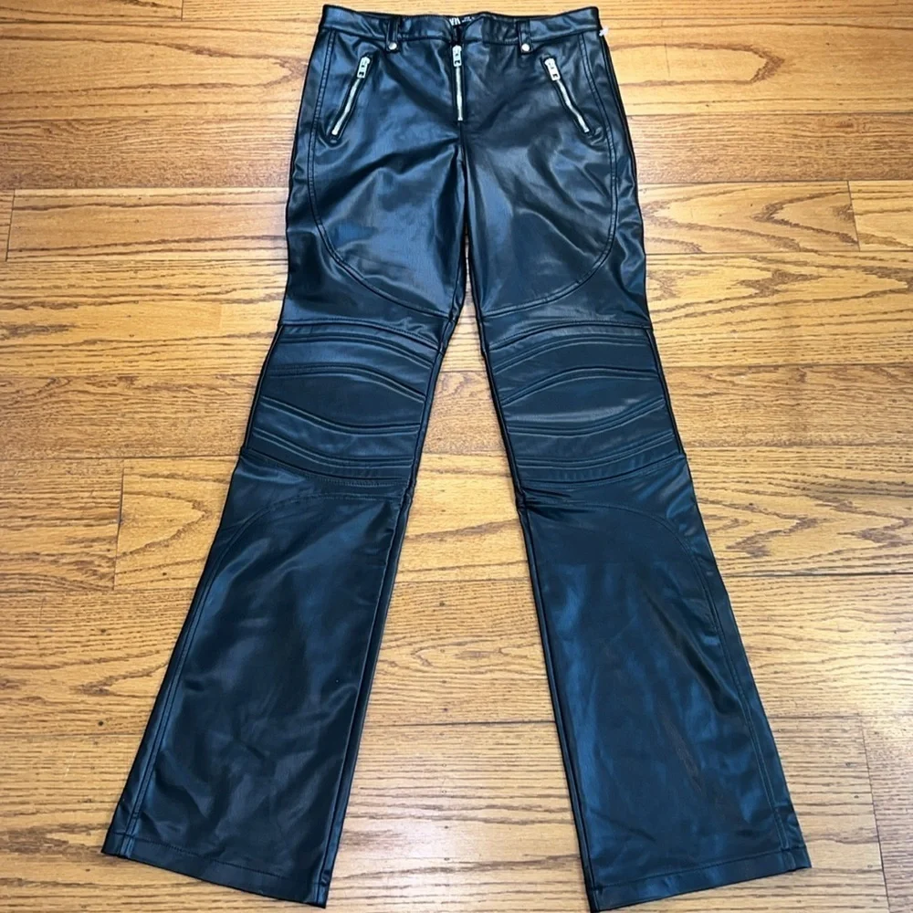Zara Black Grunge Leather Low Rise Wide Leg Biker Pants CC - Picture 4 of 5